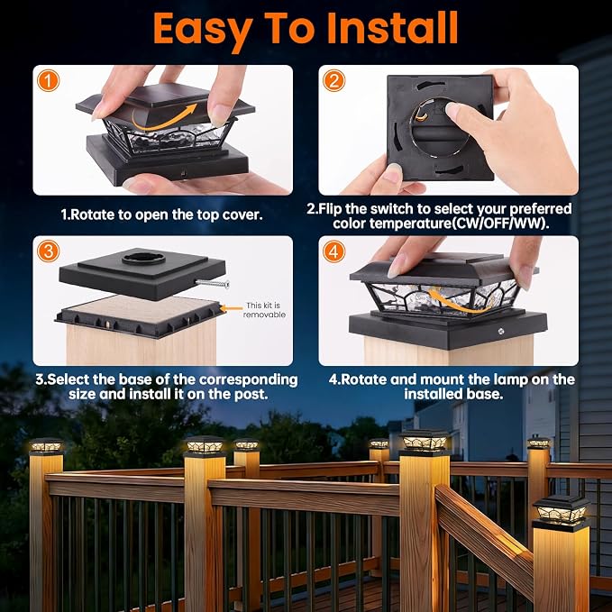 4x4 3.5x3.5 Solar Post Cap Lights 4-Pack Black | 2 Modes (Warm/Cool White), 16LEDs, for Wooden/Vinyl Posts, IP65 Waterproof, Outdoor, for Fence, Deck, Patio, Yard, Porch