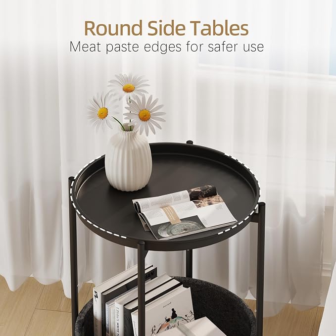 Garden 4 you Small Side Table, Mini Round End Table, Black Tray Table with Fabric Storage Basket, Modern Nightstand for Living Room, Bedroom, Patio, Small Space, 2pcs