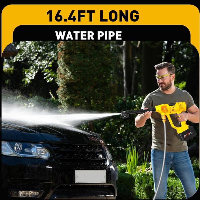 Cordless Car Washer, Portable Cleaning Tool with 6-in-1 Nozzle, 10-Speed Adjustment, Battery Level Display, Self-Priming System for Car, Garden, Patio & Floor Cleaning