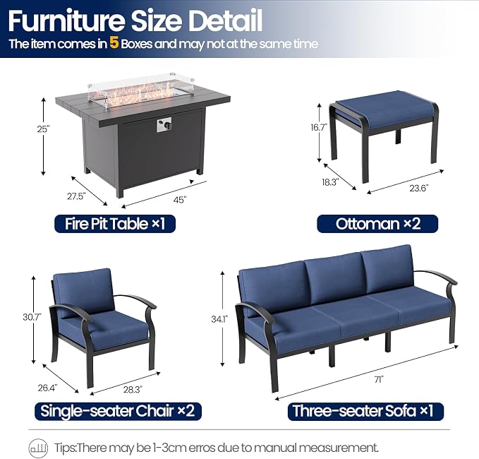 Aluminum Patio Furniture Set with Fire Pit Table, 7 Seats Outdoor Patio Conversation Sets with Ottomans, Modern Metal Patio Sectional Sofa with Upgrade Cushions for Patio, Backyard, Deck - Blue