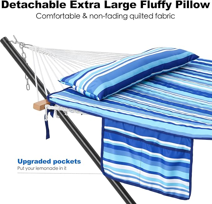 GAFETE 2 Person Hammock with Stand for Outside, 52inch Double Cotton Rope Hammock with Polyester Pad, Heavy Duty Steel Stand, Large Removable Pillow, Storage Bags, Max 475 lbs Capacity (Blue with Pad)