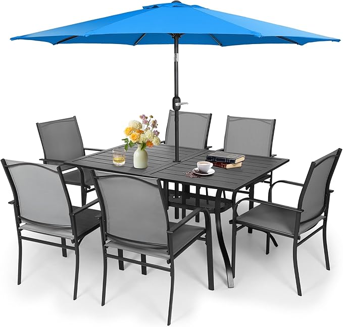 Crownland 7 Piece Patio Dining Set, Textilene Dining Sets, 6 Textilene Metal Chairs and Rectangular Outdoor Dining Table with Sky Blue 9FT Round Outdoor Umbrella (Grey)