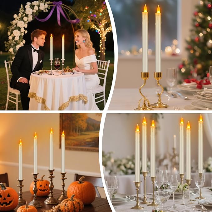 wemarry Flickering Flameless Taper Candles, 10" Fake Taper Candles Battery Operated with Timer, Long Lasting-Ivory Electric Led Candlesticks for Xmas Halloween Wedding Home Décor(Ivory Drip, 12 Pack)