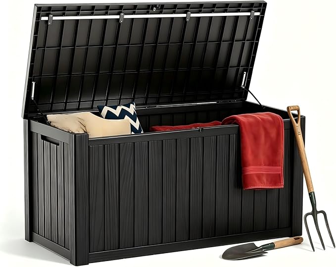 180 Gallon Outdoor Storage Box Waterproof, Large Resin Deck Box with Lockable Lid & Soft-Close Hydraulic Struts, Outside Storage Box for Patio Furniture, Garden Tools, Pool Accessories, Black
