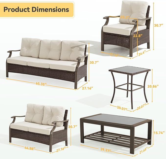 Outdoor Patio Furniture Set, 6 Pieces Outdoor Conversation Sets with Coffee Table & Side Table, Wicker Rattan Outdoor Sectional Sofa Set for Backyard, Deck, Porch, Poolside, Beige