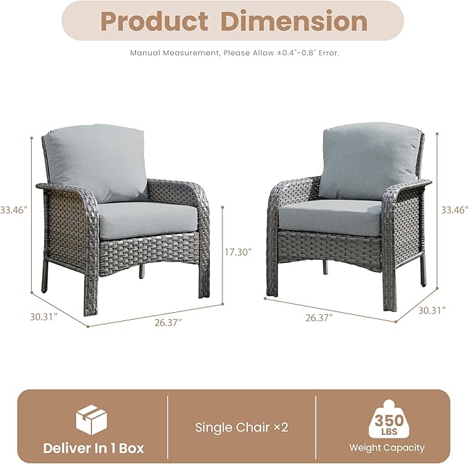 2 PCS Outdoor Patio Furniture Set with Thickened Cushions, All-Weather Rattan Wicker Outdoor Conversation Set for Porch,Backyard,Balcony,Dark Grey