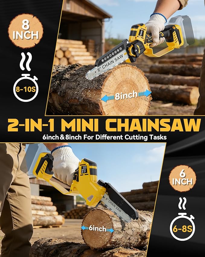 Ecarke Mini Chainsaw Compatible with Dewalt 20V, 8 Inch & 6 Inch Cordless Chain Saw Brushless, Electric Hand Tree Saw 2-IN-1 for Garden Tools, Branch Wood Cutting, Tree Trimming, Man Women (Tool Only)