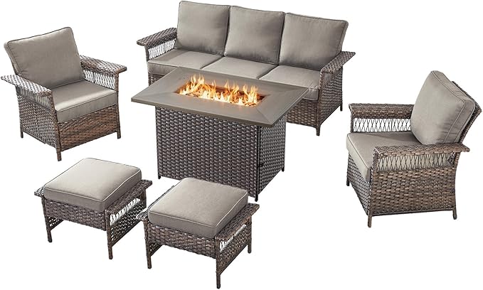 Patio Furniture Set with Fire Pit Table, 6PCS Patio Conversation Set Brown Resin Wicker Patio Chair Sofa Ottoman with 41in Rectangular Outdoor Fire Table PE Rattan Furniture Set