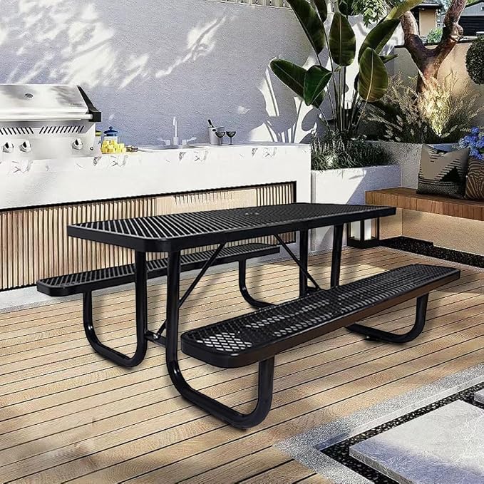 72" Rectangular Metal Picnic Table for 4-8 Person, Durable Heavy Duty Commercial Picnic Table with Umbrella Hole for Outdoor Coffee Shop, School, Hospital, Easy to Install, Black