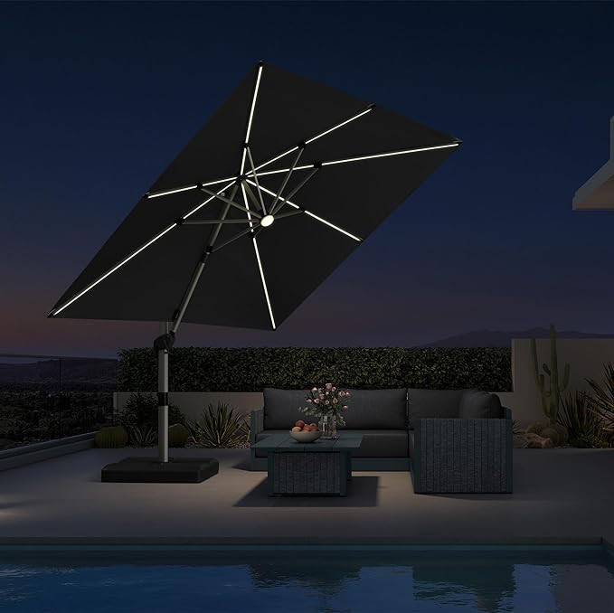 PURPLE LEAF 9 Feet Patio Umbrella with Lights Outdoor Square Cantilever Umbrella Solar Powered LED with 360-degree Rotation for Garden Deck Pool Patio, Grey