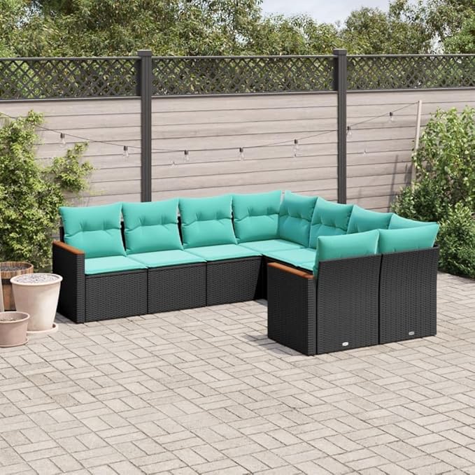 8 Piece Patio Sofa Set with Cushions, Outdoor Sofa Sets Porch Furniture Set Patio Conversation Set Front Porch Furniture for Piazza Negotiation Area Exhibition Garden Black Poly Rattan