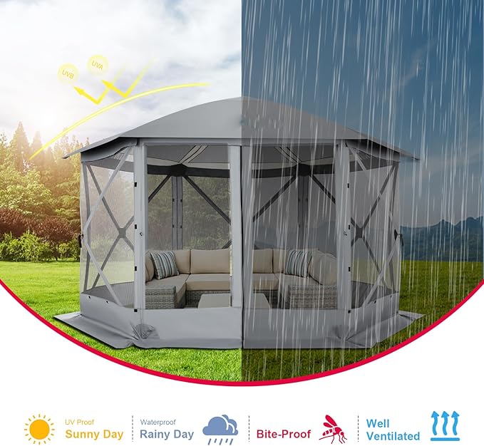 COBIZI 12x12 FT Pop Up Canopy Stargazing Tent, Gazebos On Clearance with Removable Roof, Screened in Gazebo, Screen Tents Portable carpas para Patio for Outdoor Camping,Backyard, Garden, Grey(Pro)