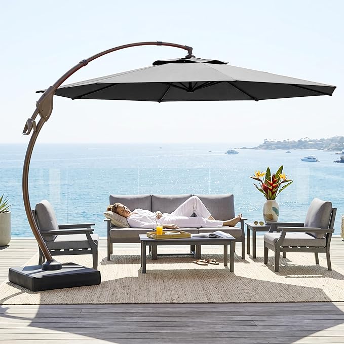 Cantilever Umbrella with Heavy-Duty Base, Outdoor Large Round Aluminum Offset Umbrella for Patio Garden Backyard, UV-Resistant Waterproof Canopy, 360° Rotation & Tilt Adjustment