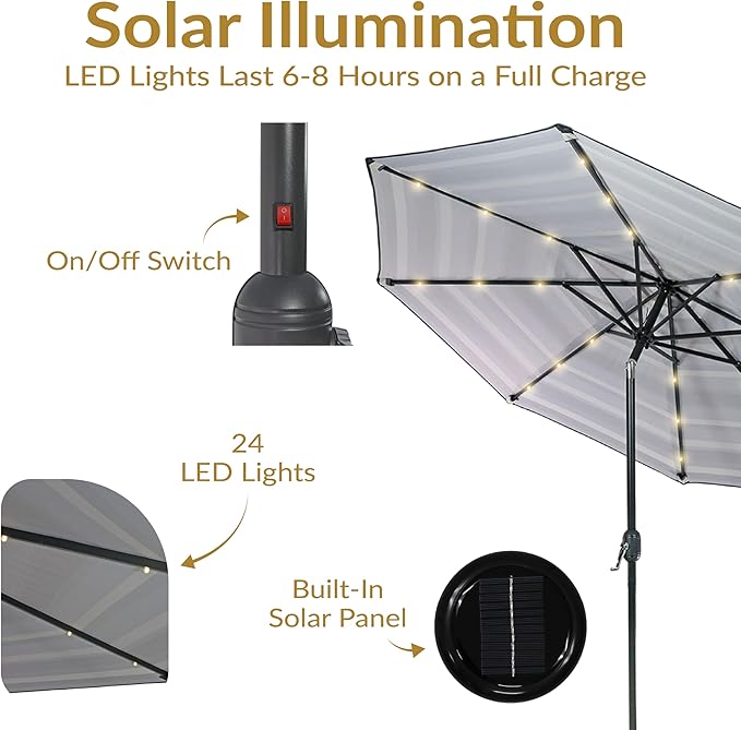 Sunnydaze 9 ft Striped Patio Umbrella with Solar Lights - Polyester LED Table Market Umbrella with Tilt and Crank - Catalina Beach Stripe
