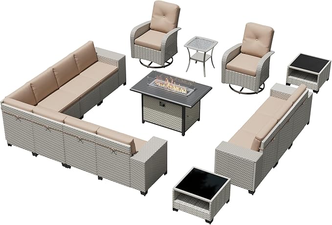 16-Piece Outdoor Patio Furniture Set, Modular Sectional Sofa Set with Swivel Rocker Chairs & Fire Pit, Wicker Outdoor Couch Conversation Sets w/Coffee Table and Cushions, Khaki