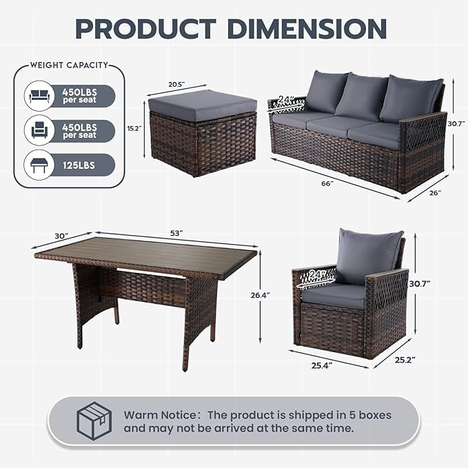 MELLCOM 8 Pieces Patio Furniture Set, Outdoor Wicker Chairs with Ottomans, 3-Seat Sofa & Dining Table, All-Weather Conversation Set with Water-Resistant Cushions & High Back for Garden, Backyard