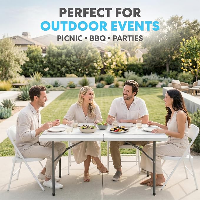 SIMPLI-MAGIC 4ft Plastic Folding Table, Indoor Outdoor Heavy Duty Portable/Handle, Lock for Picnic, Party, Camping - White
