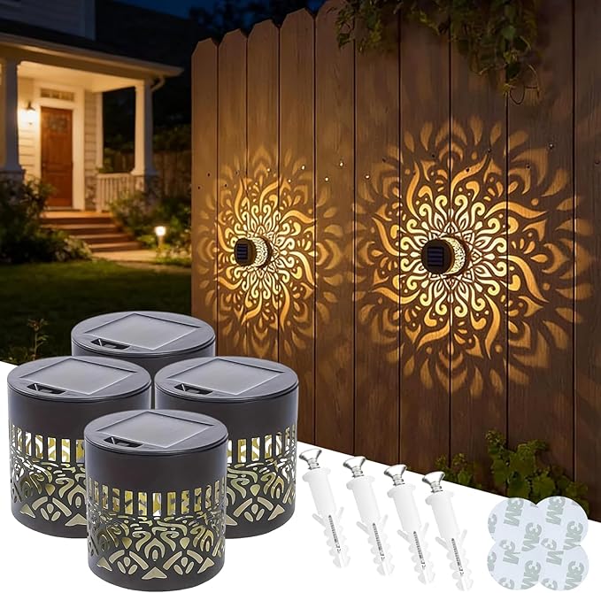 DDRIC Decorative Solar Mandala Lights, Metal Solar Powered Outdoor Wall Sconces, Waterproof Step Lights, Warm Yellow Glow, for Garden Fence Patio Deck Yard Decor (4PCS)