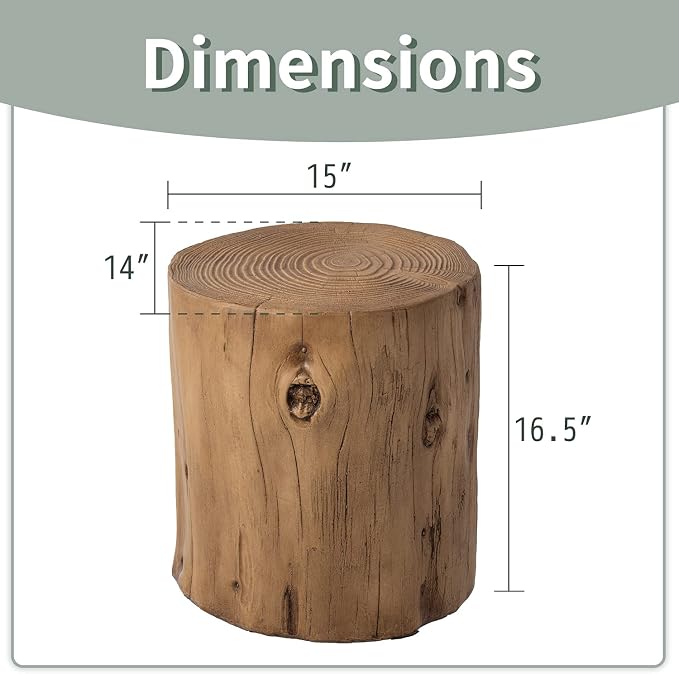 SUNBURY 15" W Outdoor Side Table Set of 2, Concrete Side Table Stump Stool Outdoor Accent Table, Light Brown Garden Stool for Patio, Outdoor End Stump