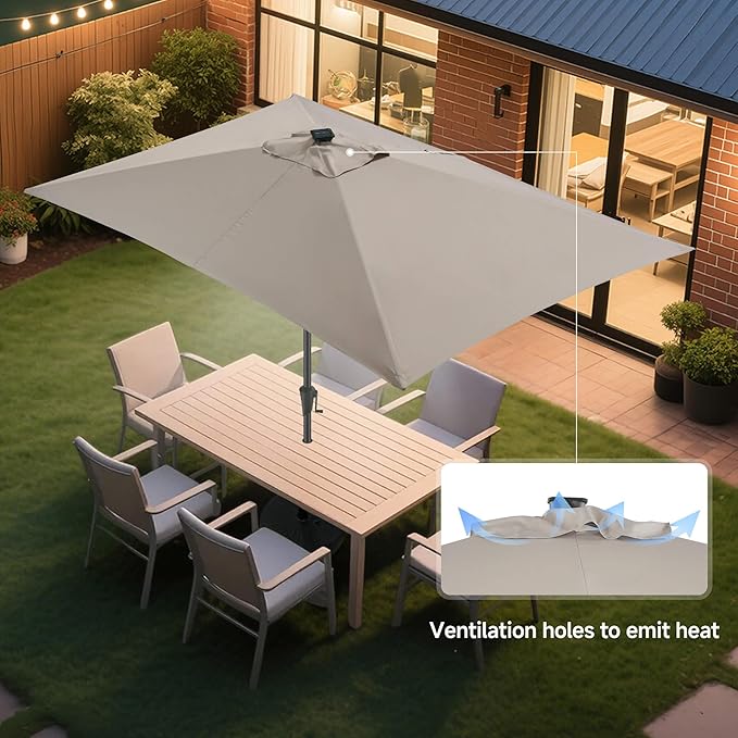 FLAME&SHADE 6.5 x 10 ft Rectangular Solar Powered Outdoor Market Patio Table Umbrella with LED Lights and Tilt, Taupe