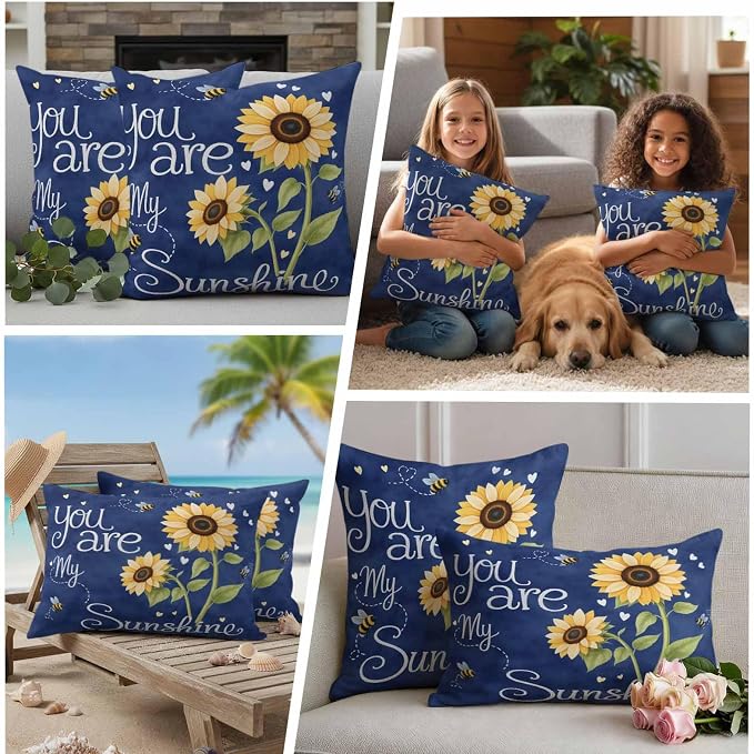 Outdoor Pillow Covers You are My Sunshine Words Decorative Throw Pillow Covers, Farm Sunflowers Bee on Blue Throw Cushion Case with Zipper for Patio,Couch,Sofa,Garden 18x18in Set of 2