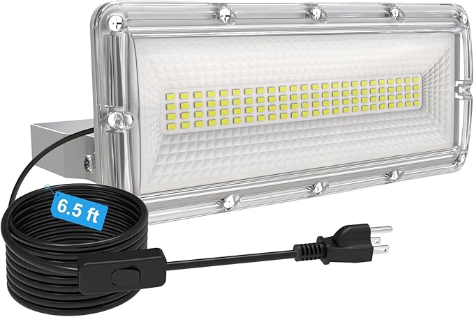 LED Flood Light Outdoor 6500LM 85-277V Protable Work Lights with 6.5ft Plug & Switch, 100W Equivalent 5000K Flood Light, IP67 Waterproof LED Security Lights for Garage,Garden,Stadium