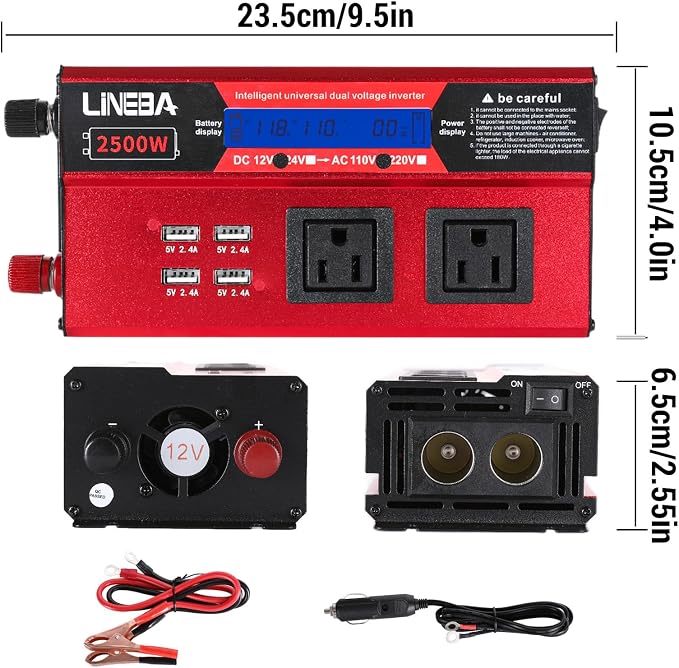 2500 Watt Power Inverter with LED Display,Dual AC Outlets,4 USB Port, 12V DC to 110V AC Converter Car Power Inverter for Car, RV, Truck, Off Grid Solar System, Camping