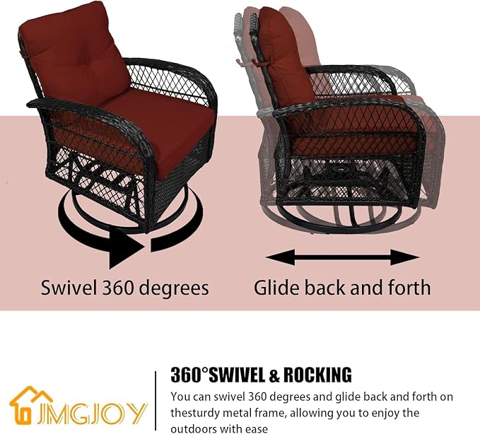 3 Piece Outdoor Swivel Rocker Patio Chairs, All-Weather Rattan Chair, Wicker Glider Patio Furniture Set with Side Table, for Garden, Backyard, Deck, Red