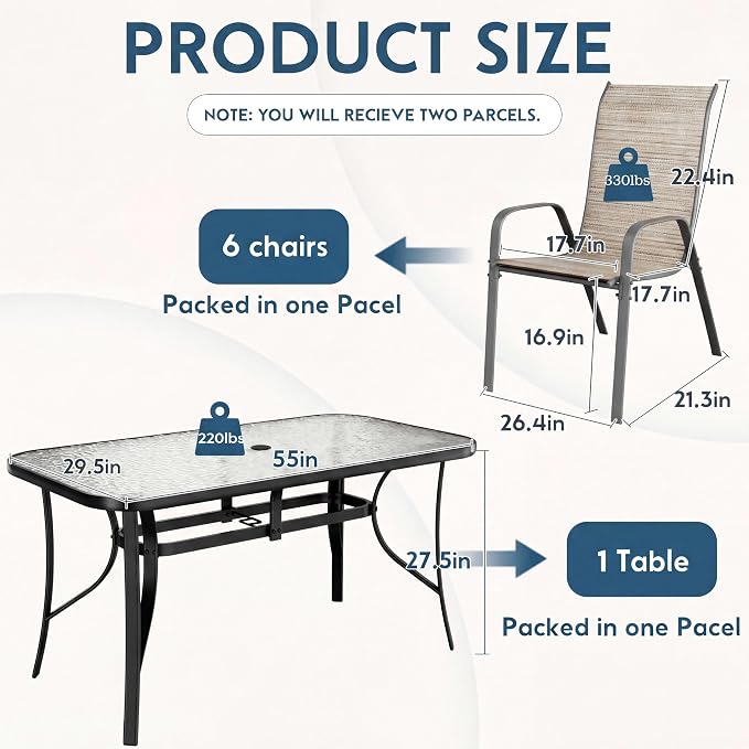 Arlopu 7-Piece Outdoor Table and Chairs for 6, Outdoor Dining Set W/Rectangle Glass Table and Patio Textilene Stackable Chairs, Patio Furniture Set W/Umbrella Hole (Black Table & Brown Chair)