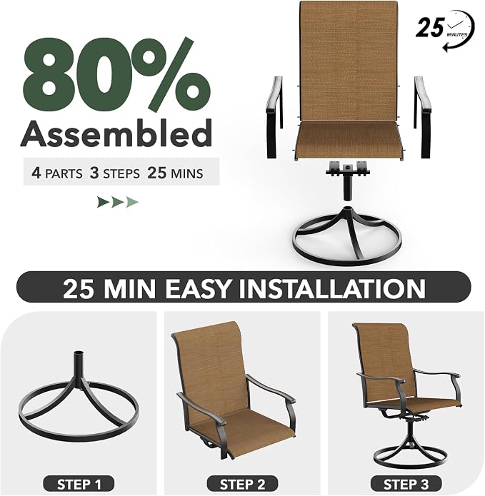Patio Table and Swivel Chairs Set with Glass Table, BrownYellow Chairs Sty1 | 4 Piece Swivel Chairs: High Back, Retro Armrest, Textilene Fabric, Rocking; 40 inch Round Table: Glass Top; All Weather