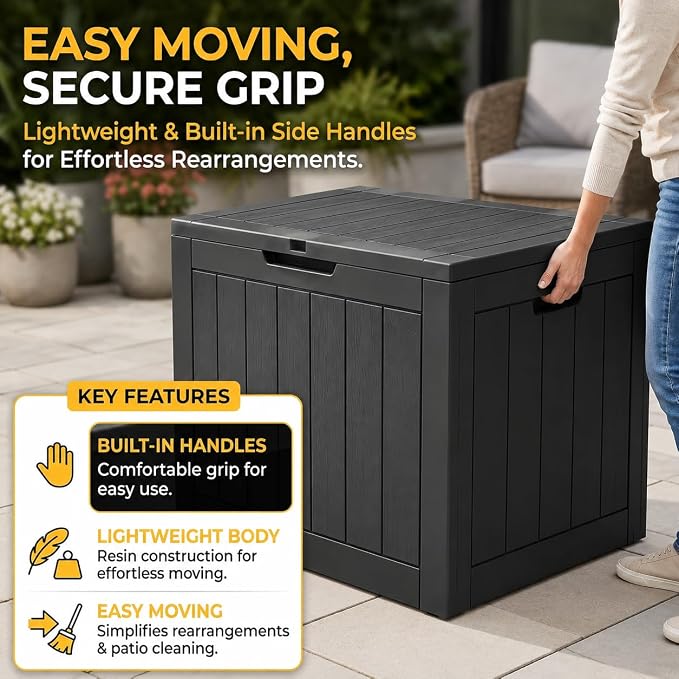 31 Gal Resin Deck Box, Outdoor Storage Bench Side Table for Patio Cushion | Versatile outdoor storage: Organizes single yard mats, pool accessories, garden hoses, or front porch parcels.