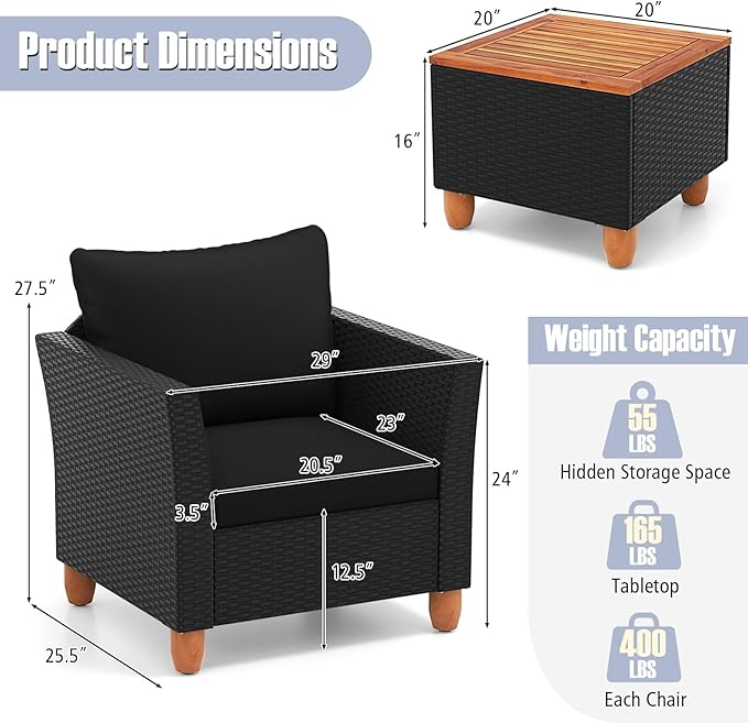 Tangkula 3 Pieces Patio Porch Furniture Set, PE Rattan Wicker Chair Conversation Set with Cushions and Storage Table, Outdoor Acacia Wood Bistro Set for Garden, Poolside (Black)