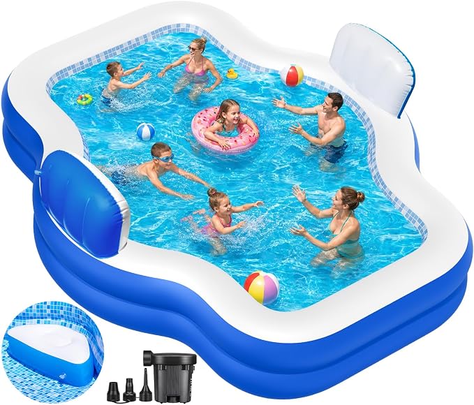 Inflatable Swimming Pool with Seat Pump, 121" X 90" X 22" Blow-Up Pool for Kids Adults Oversized Thickened Kiddie Pool Family Full Sized Inflatable Pools for Garden, Backyard, Outdoor Water Party