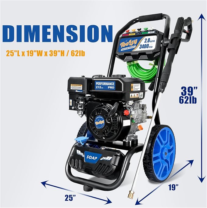 TOOLCY 3400 PSI Gas Pressure Washer, 2.8 GPM Power Washer with 212cc OHV Engine, Axial Pump, 50 FT Pressure Hose, Quick-Connect Swivel Spray Gun & 5 Nozzles for Cars, Driveways, Patios & Home