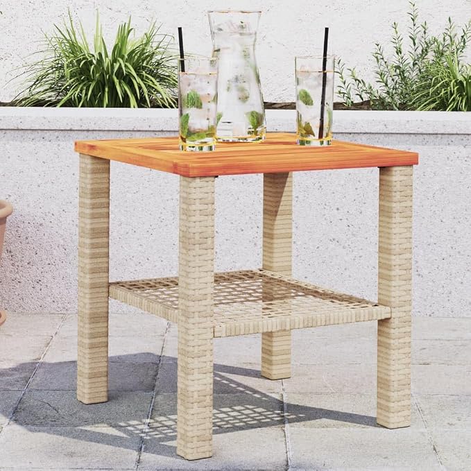 Beige 15.7x15.7x16.5 Inch PE Rattan Side Table with Acacia Wood Top for Garden Patio Backyard