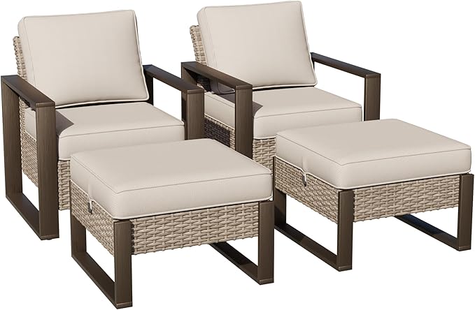 Joyside Outdoor Patio Chairs, 4 Pieces Wicker Rattan Furniture Set, 2 Patio Chairs and 2 Ottoman, Metal Wide Armrest, Thick Cushions and Deep Seating for Garden, Backyard, Porch, Deck