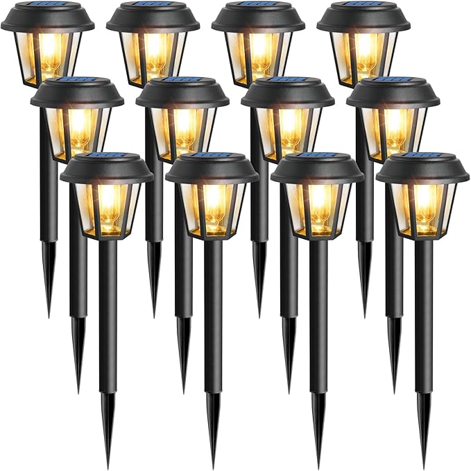 Priddop Solar Pathway Lights Outdoor 12 Pack Solar Lights Outdoor Waterproof 3000K Warm White Tungsten Filament Bulb for Yard Garden Landscape Path Driveway Lawn