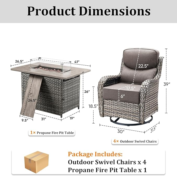 Luxury High Back Patio Furniture Set with Fire Pit Table and 6-Inch Thick Cushions, 5-Pieces Outdoor Furniture w/ 4 Swivel Chairs, Wicker Conversation Set for Porch, Balcony, Deck and Yard, Grey
