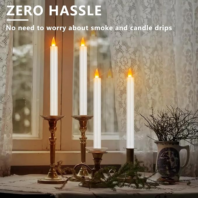 wemarry Flameless Taper Candles 10" Dripless Battery Operated Taper Candles Included Remote Timer 400+ Hours by 2AA Batteries for Halloween Christmas Wedding (White, 12 Pack)
