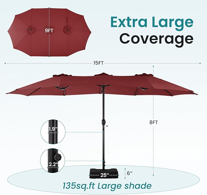 DUMOS 15FT Extra Large Patio Umbrella with Base Included, Rectangle Table Umbrella Outdoor Patio, 12 Sturdy Ribs Triple Head Canopy Outside Umbrellas for Deck, Backyard and Poolside, Wine Red