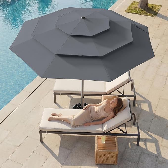 HOMSHADE 9FT 3-Tiers Outdoor Patio Umbrella with 5-Year Fade Resistant,Vented Outdoor Commercial Market Umbrella with UPF50+ UV Protection & Push Button Tilt and Crank for Pool,Backyard(Grey)