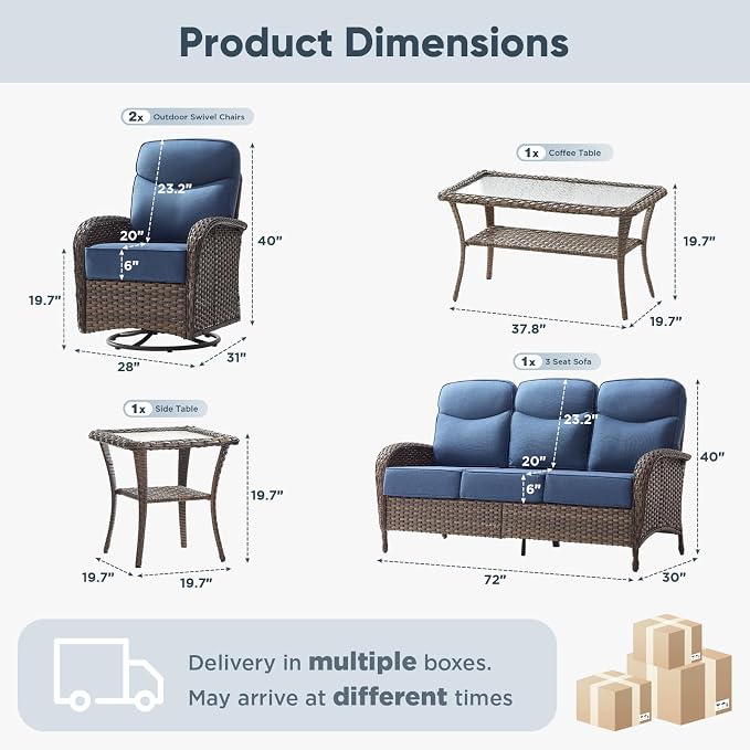 HUMMUH 5-Piece Patio Furniture Set with 6" Thick Cushion High Back Outdoor Swivel Rocker Chairs,3-Seater Sofa,Coffee Table & Ottomans,Wicker Outdoor Conversation Set for Deck, Porch,Poolside