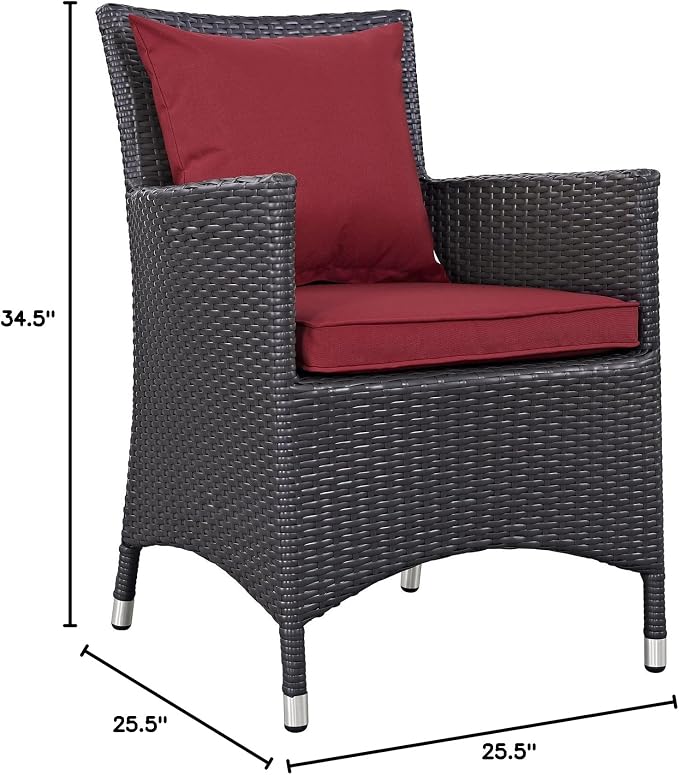 Modway Convene Wicker Rattan Outdoor Patio Dining Armchairs With Cushions in Espresso Red - Set of 4