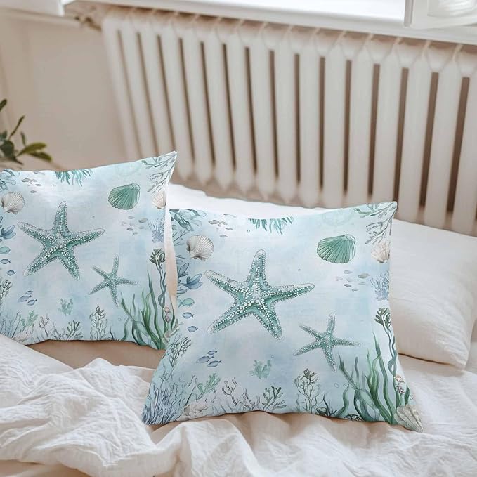 Coastal Starfish Waterproof Outdoor Pillow Covers Set of 2 Home Decor, Nautical Coral Tropical Fish Seashells Pillowcase Patio Pillow Covers for Couch Bench Furniture Garden 16x16in