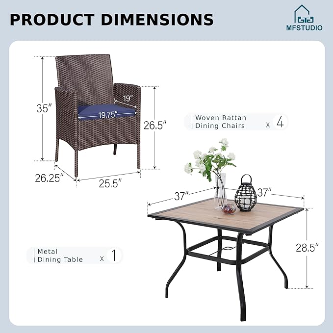 MFSTUDIO Patio Dining Sets for 4, Outdoor Square Wood-Like Table with Wicker Chairs Set, 5 Pieces Rattan Outdoor Dining Furniture Set, Patio Table and Chairs for 4, Backyard, Porch