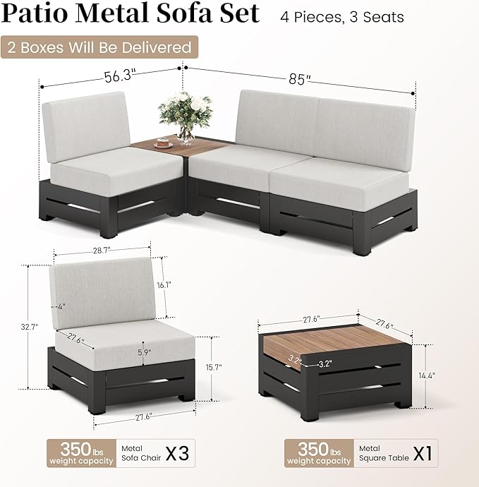 Upgraded 4 Piece Metal Patio Sectional Furniture Set with 5.9" Thick Cushion, Outdoor Furniture Conversation Set with Coffee Table, Patio Modular L Shape Sofa for Backyard Deck Outside