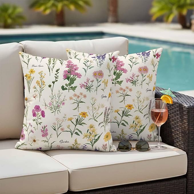 Wildflowers Outdoor Pillow Covers 26x26 Inch Throw Pillow Covers Set of 2 Waterproof Decorative Pillow Cases Blossoming Botanical Prints Garden Floral Cushion Covers for Patio Furniture Garden Couch