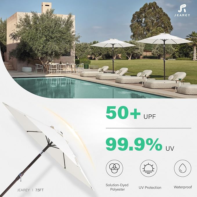 JEAREY 7.5FT Patio Umbrella Outdoor Market Umbrella with 6 Sturdy Ribs, Push Button Tilt/Crank Table Umbrella for Garden, Deck, Backyard and Pool, Cream White