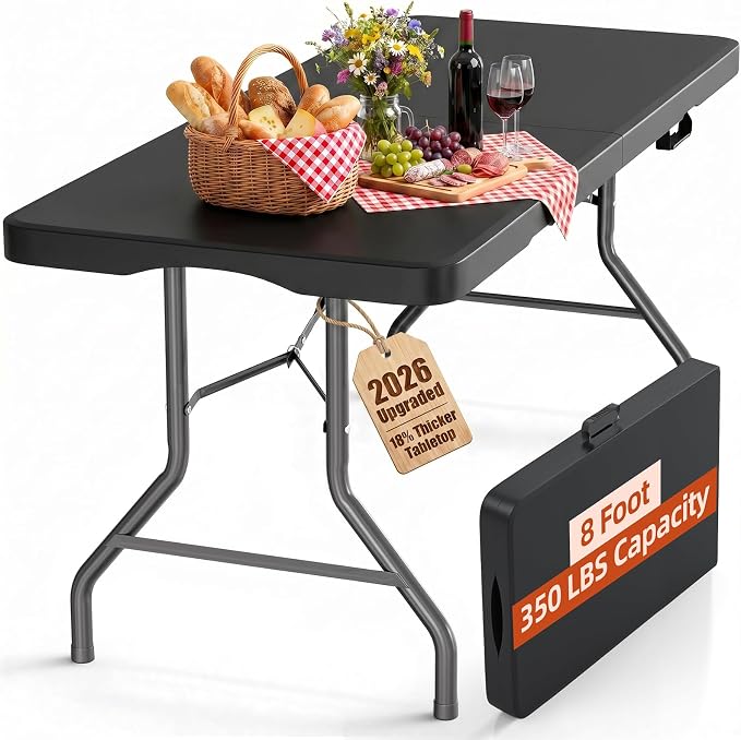 Fenbeli 8FT Folding Table, 350 LBS Heavy Duty with 18% Thicker HDPE Waterproof Top, Fold in Half Portable Table with Carry Handle & Safety Locks, Steel Frame for Indoor Outdoor Party Events
