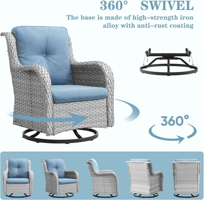 Wicker Patio Furniture Set: 5 Piece Outdoor Conversation Sets with Swivel Rocker Chairs Patio Couch Ottomans, All Weather Rattan Outdoor Furniture Seating for Porch Balcony, Light Grey
